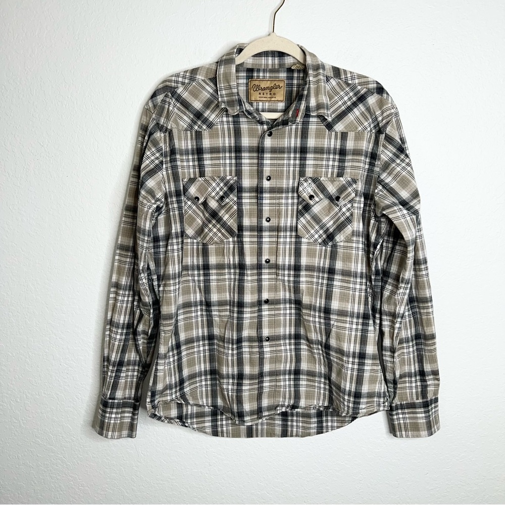 Wrangler Retro Western Shirt Long Sleeve Men Size Large Plaid Snap Tan A6